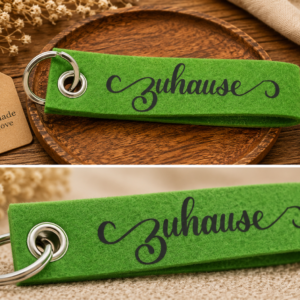 Grüner Filz-Schlüsselanhänger mit Zuhause Schriftzug auf dekorativem Holztablett