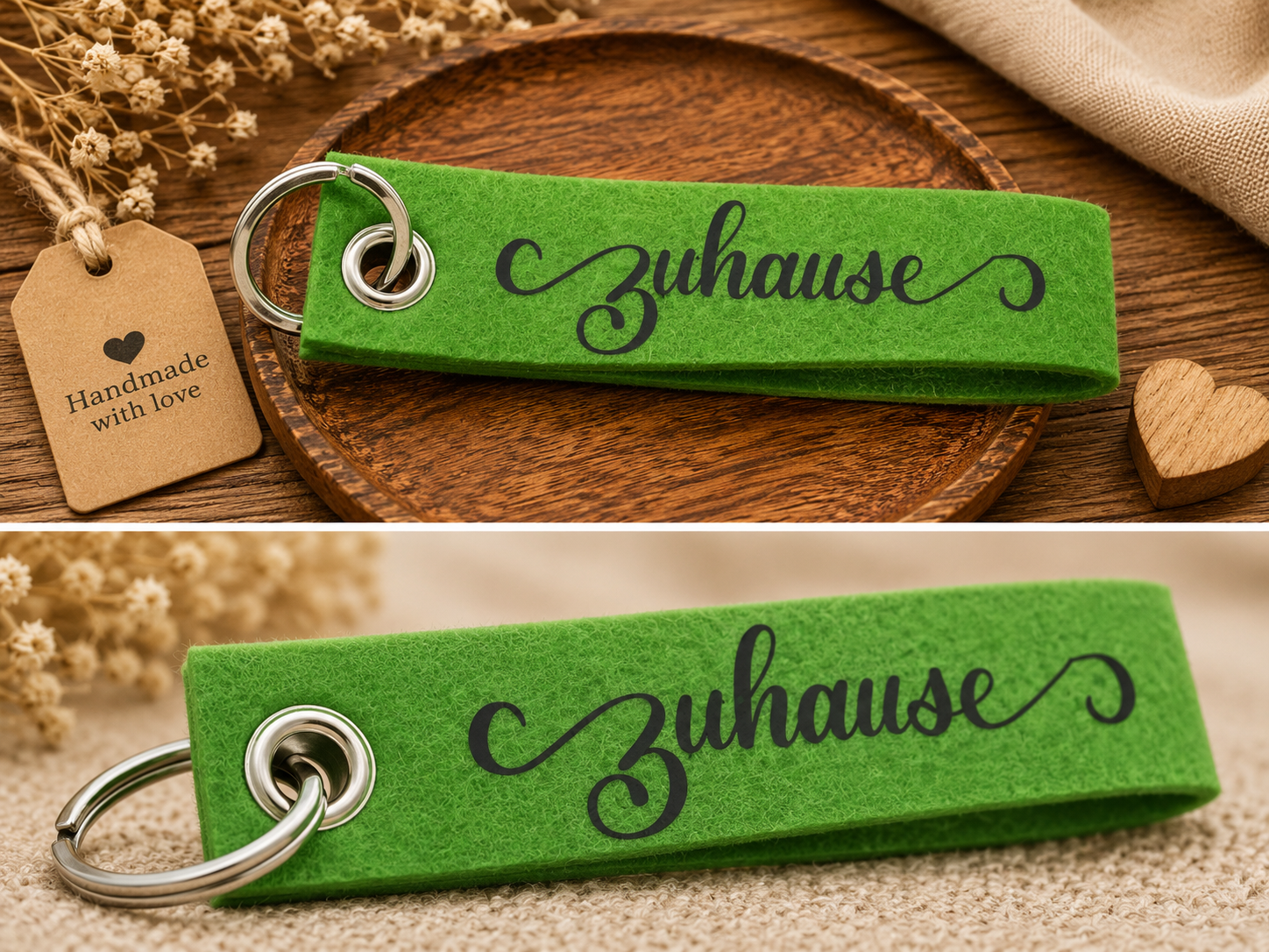 Grüner Filz-Schlüsselanhänger mit Zuhause Schriftzug auf dekorativem Holztablett