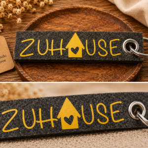 Dunkelgrauer Filz-Schlüsselanhänger mit Zuhause Schriftzug und Hausmotiv auf Holztablett