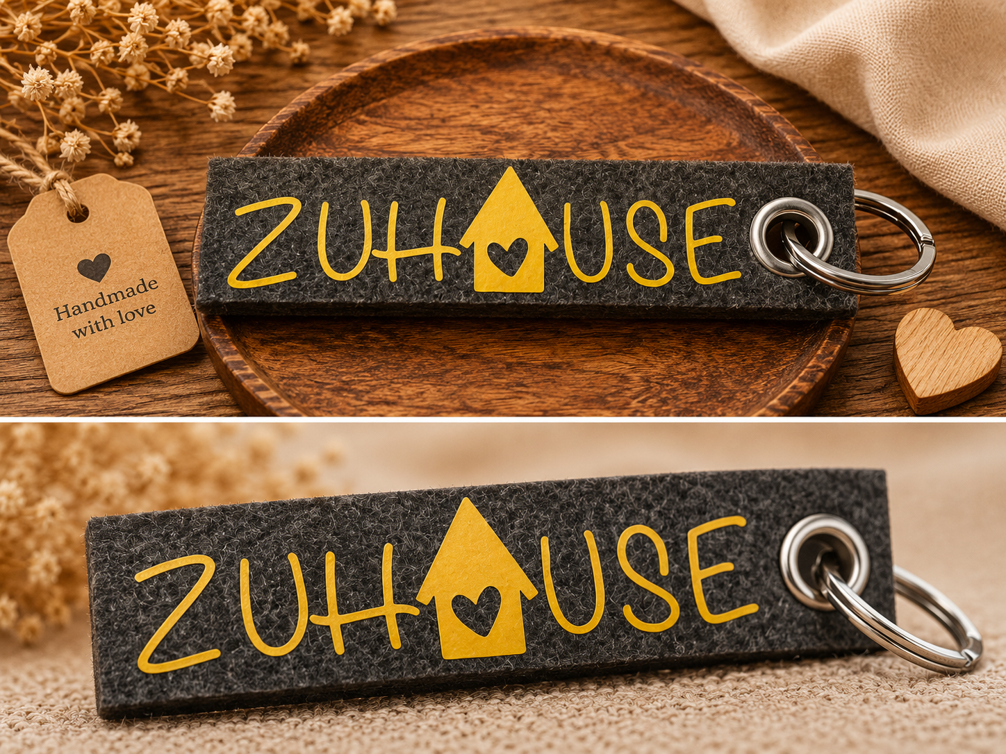 Dunkelgrauer Filz-Schlüsselanhänger mit Zuhause Schriftzug und Hausmotiv auf Holztablett