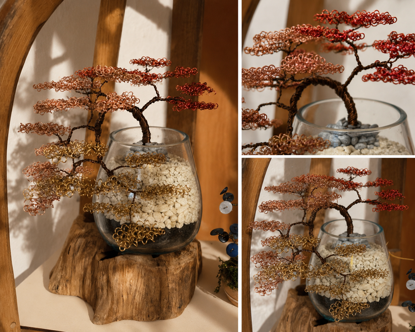 Handgefertigter Draht-Bonsai mit kupferfarbenen Metallästen in Glasgefäß mit Natursteinen
