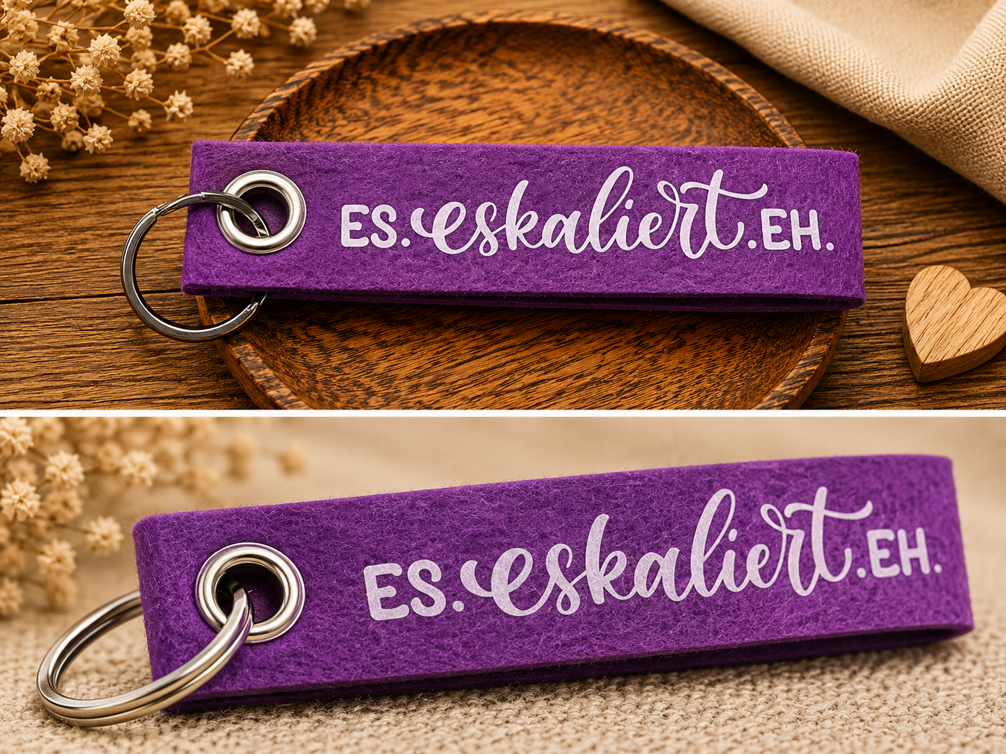 Lila Filz-Schlüsselanhänger mit Schriftzug Es eskaliert eh auf dekorativer Holzschale