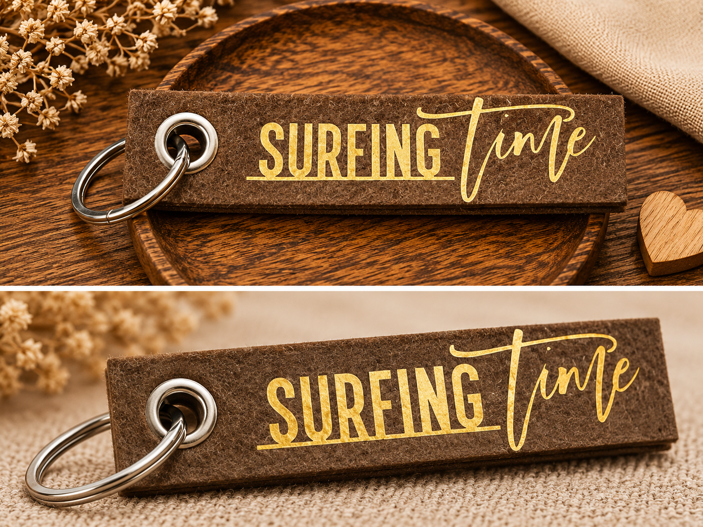 Brauner Filz-Schlüsselanhänger mit goldenem Surfing Time Schriftzug auf dekorativer Holzschale