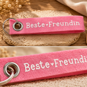 Rosa Filz-Schlüsselanhänger mit Beste Freundin Schriftzug auf dekorativem Untergrund