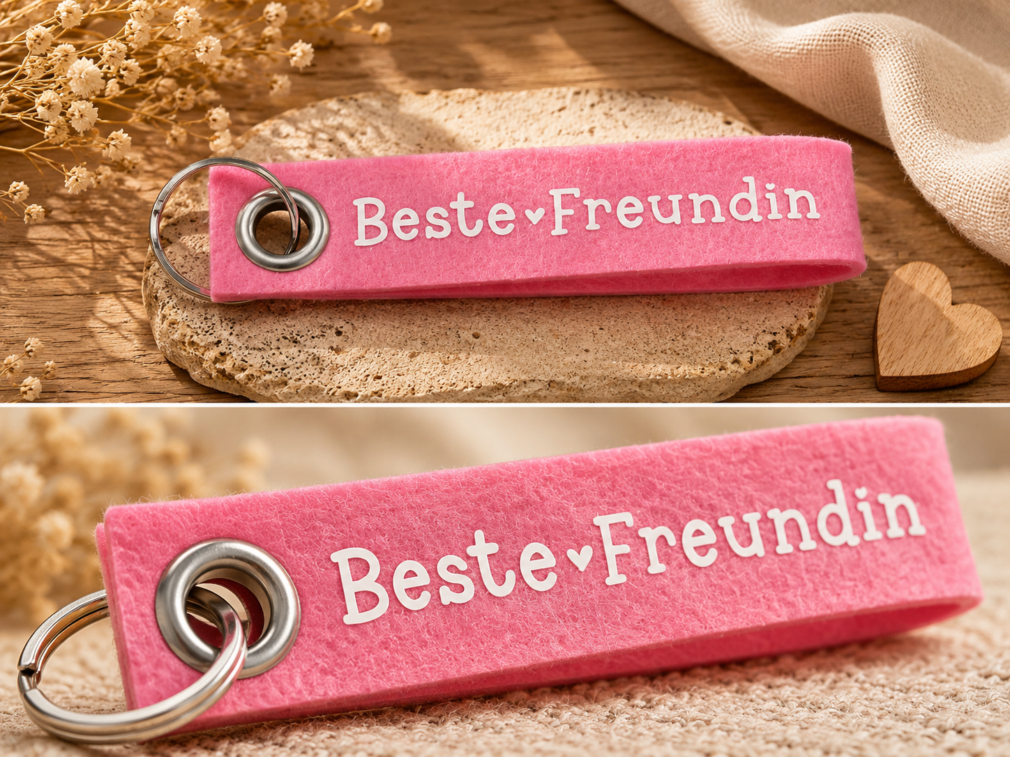 Rosa Filz-Schlüsselanhänger mit Beste Freundin Schriftzug auf dekorativem Untergrund