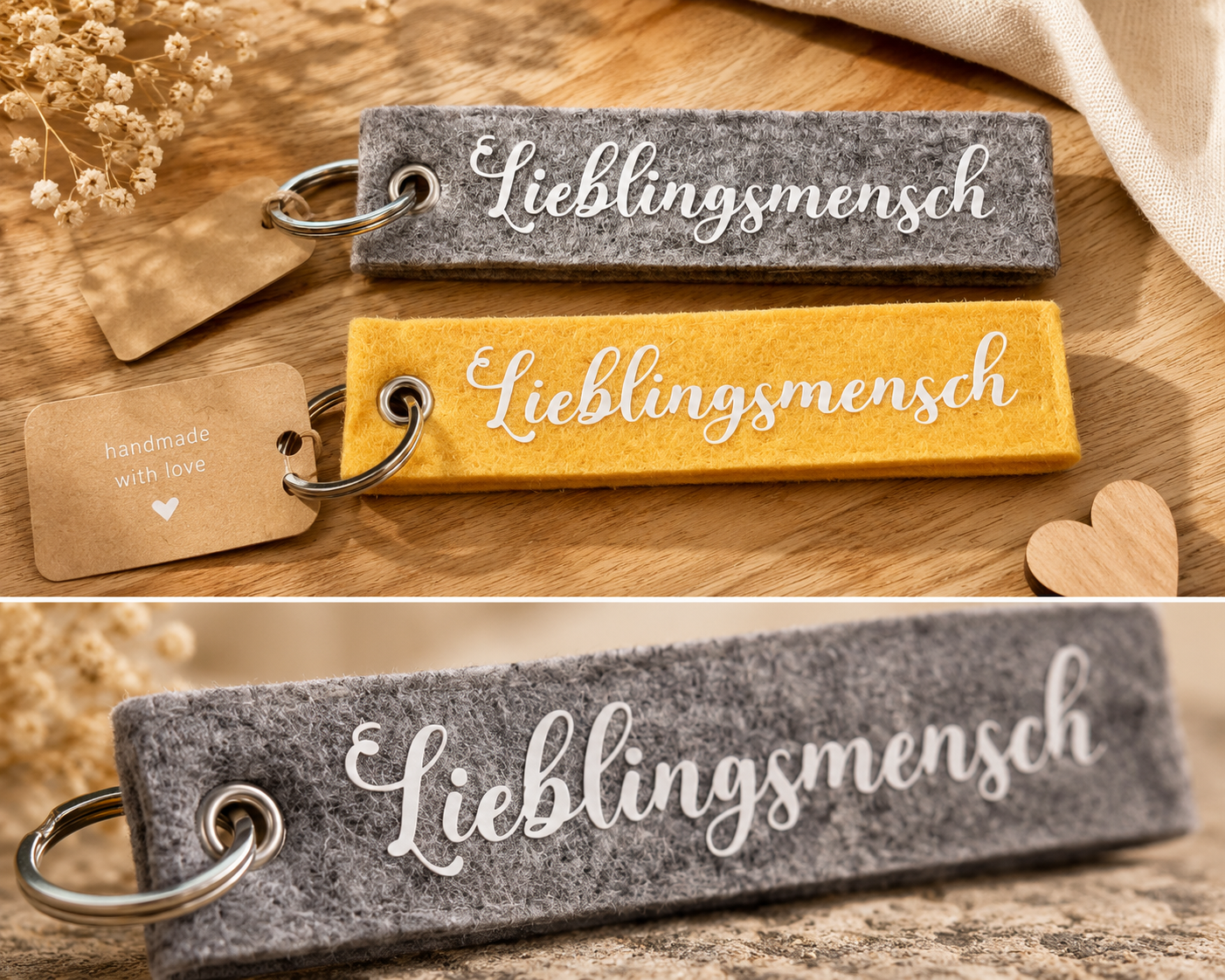 Filz-Schlüsselanhänger mit Lieblingsmensch Schriftzug in verschiedenen Farben auf Holzuntergrund