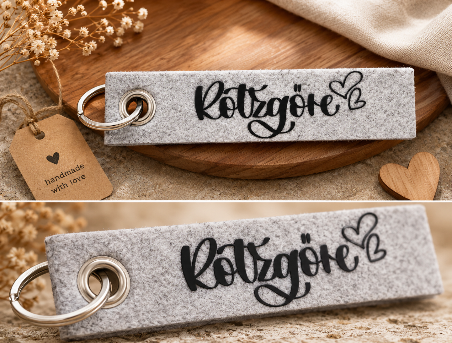 Filz-Schlüsselanhänger mit Rotzgöre Schriftzug auf dekorativem Holzuntergrund