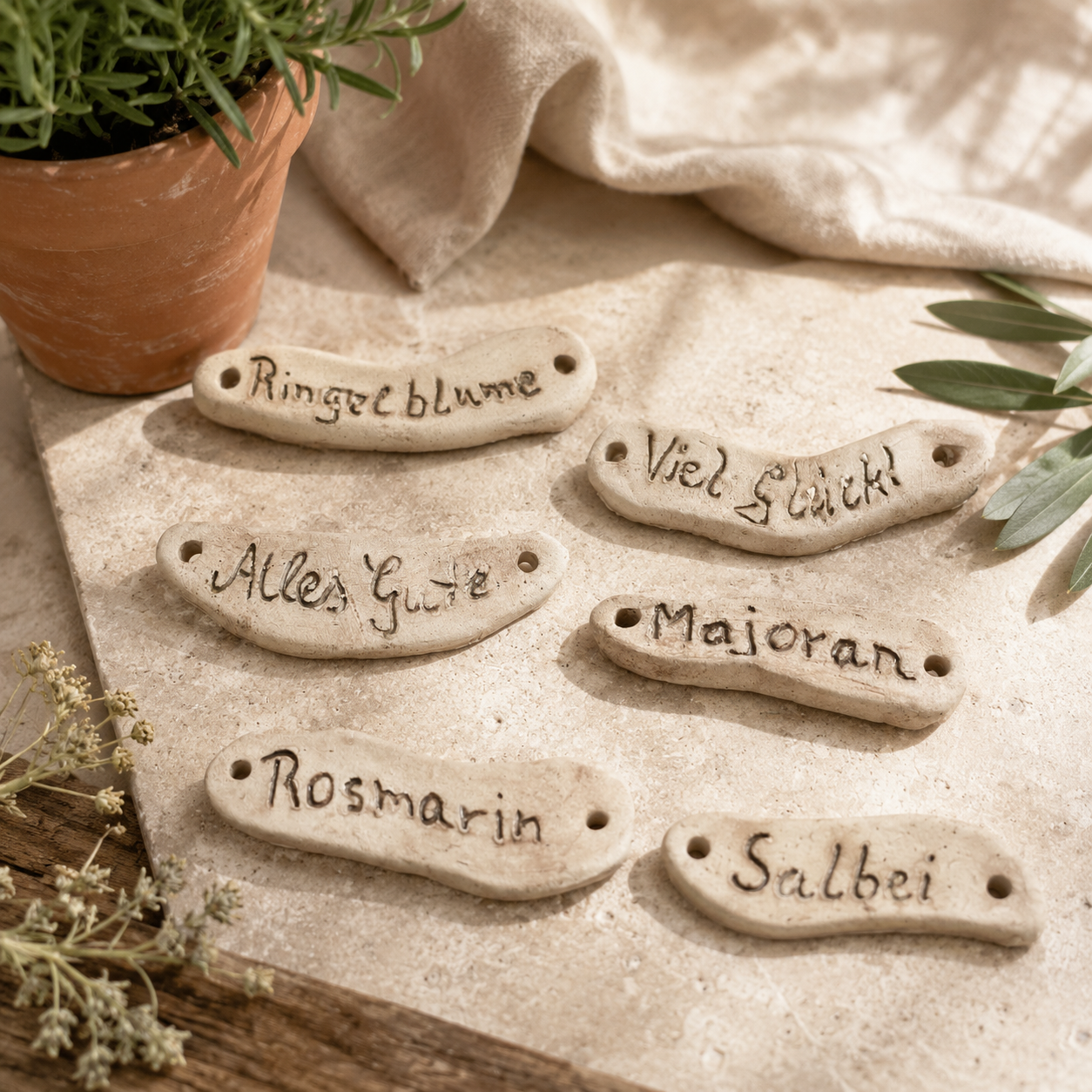 Keramik-Kräuterschilder Set – handgefertigte Pflanzenstecker für Kräuterbeet & Küche