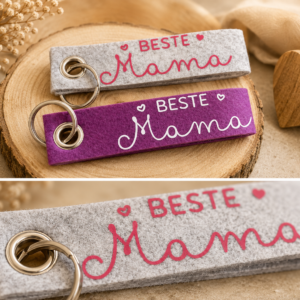 Filz-Schlüsselanhänger mit Beste Mama Schriftzug in verschiedenen Farben auf Holzuntergrund