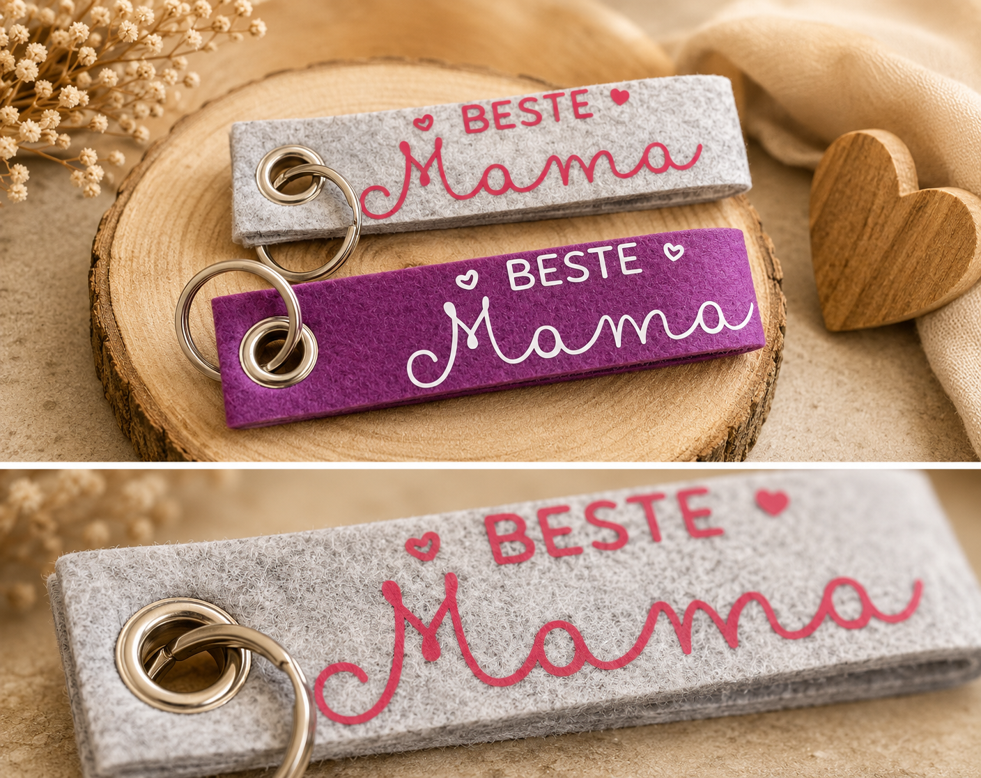 Filz-Schlüsselanhänger mit Beste Mama Schriftzug in verschiedenen Farben auf Holzuntergrund