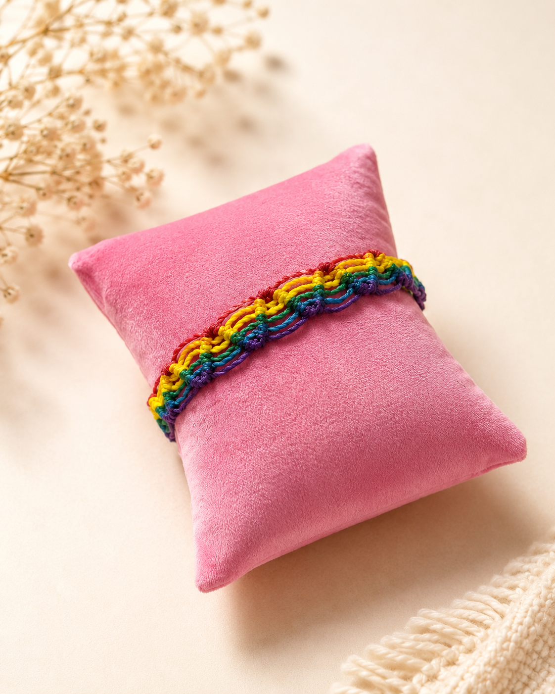 Handgeknüpftes Regenbogen-Makramee-Armband aus buntem Baumwollgarn auf rosafarbenem Schmuckkissen.