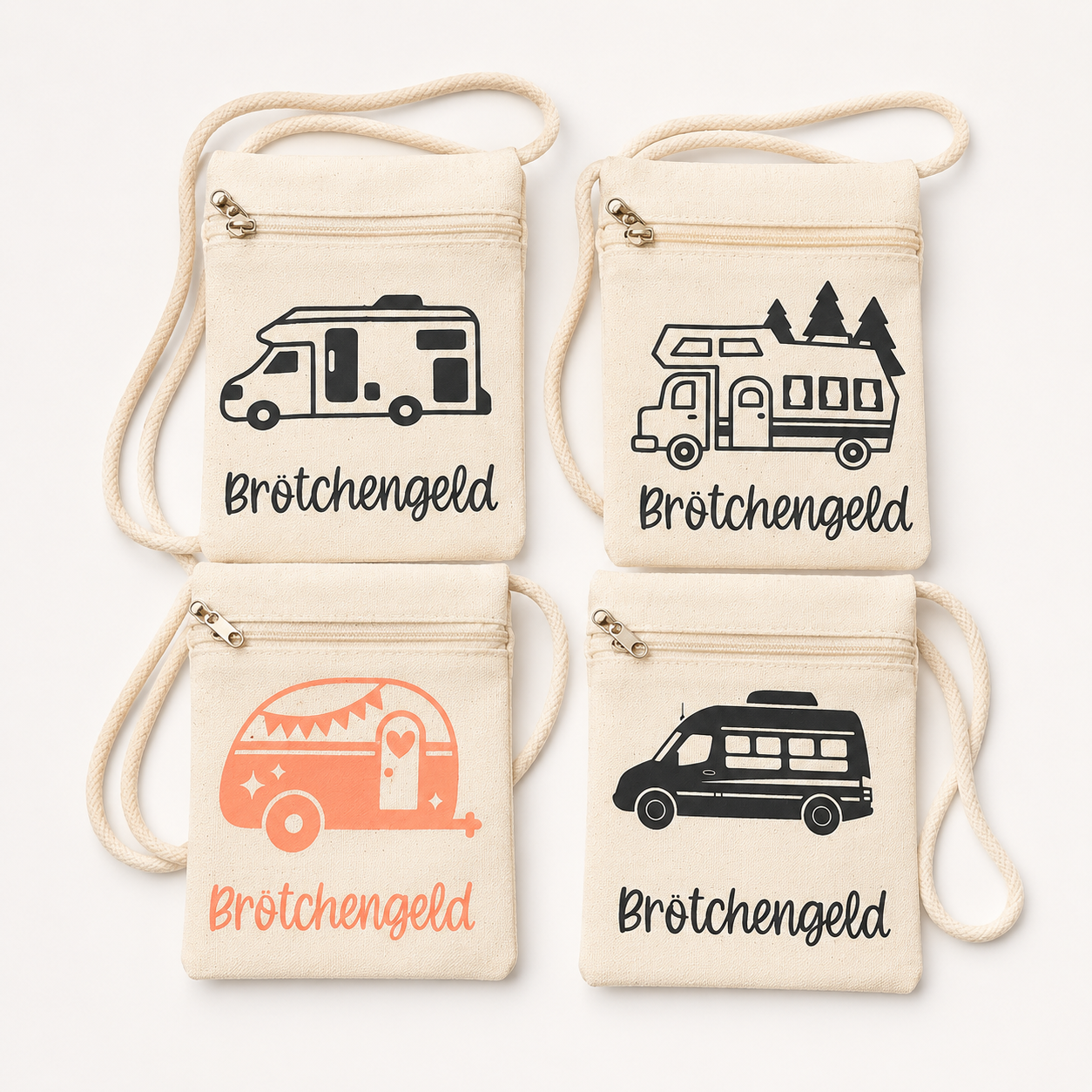 Handgefertigte Canvas-Geldbörsen mit Reißverschluss und dem Aufdruck „Brötchengeld“ in verschiedenen Camping- und Wohnmobilmotiven.