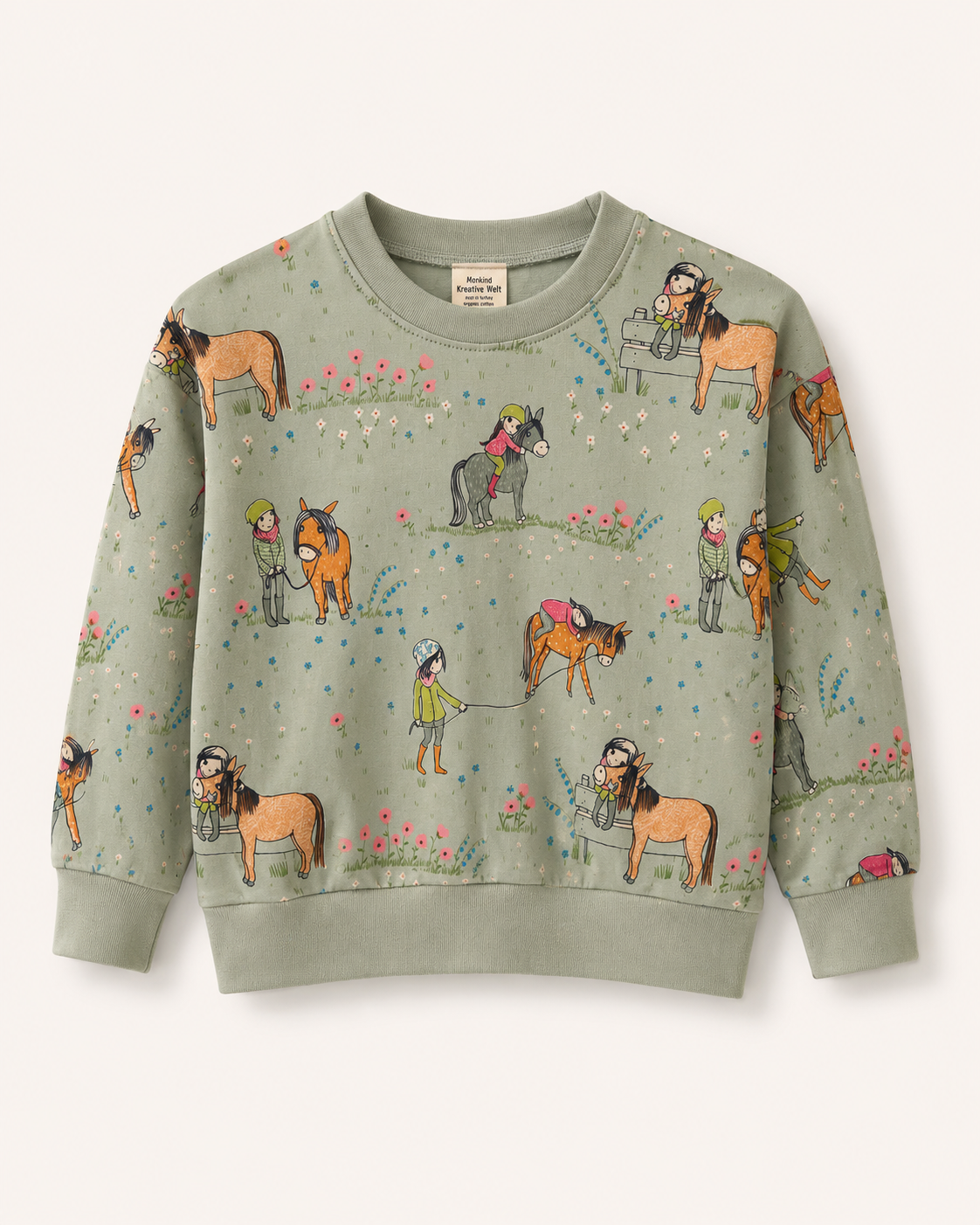 Handgefertigtes Kinder-Sweatshirt in Salbeigr&uuml;n mit liebevollem Pferde-Motiv und elastischen B&uuml;ndchen.