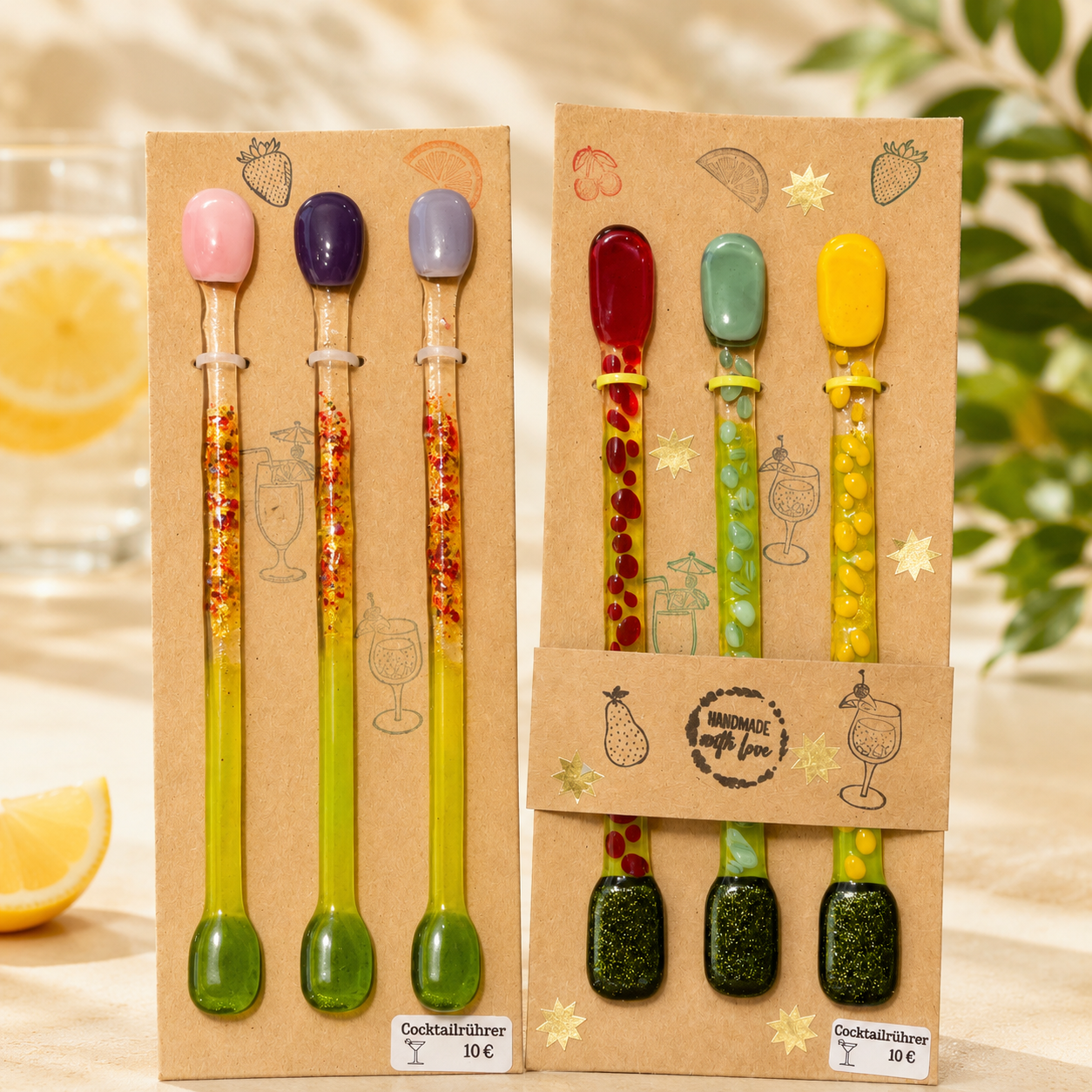 Handgefertigte Glas-Cocktailrührer im 3er Set mit farbenfrohen Glasmustern auf dekorativer Präsentationskarte für Cocktails und Longdrinks.