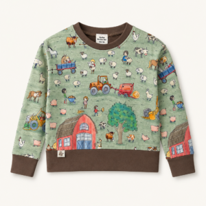 Handgefertigtes Kinder-Sweatshirt in Größe 110/116 mit Bauernhof-Motiv, Traktoren, Tieren und braunen Bündchen.