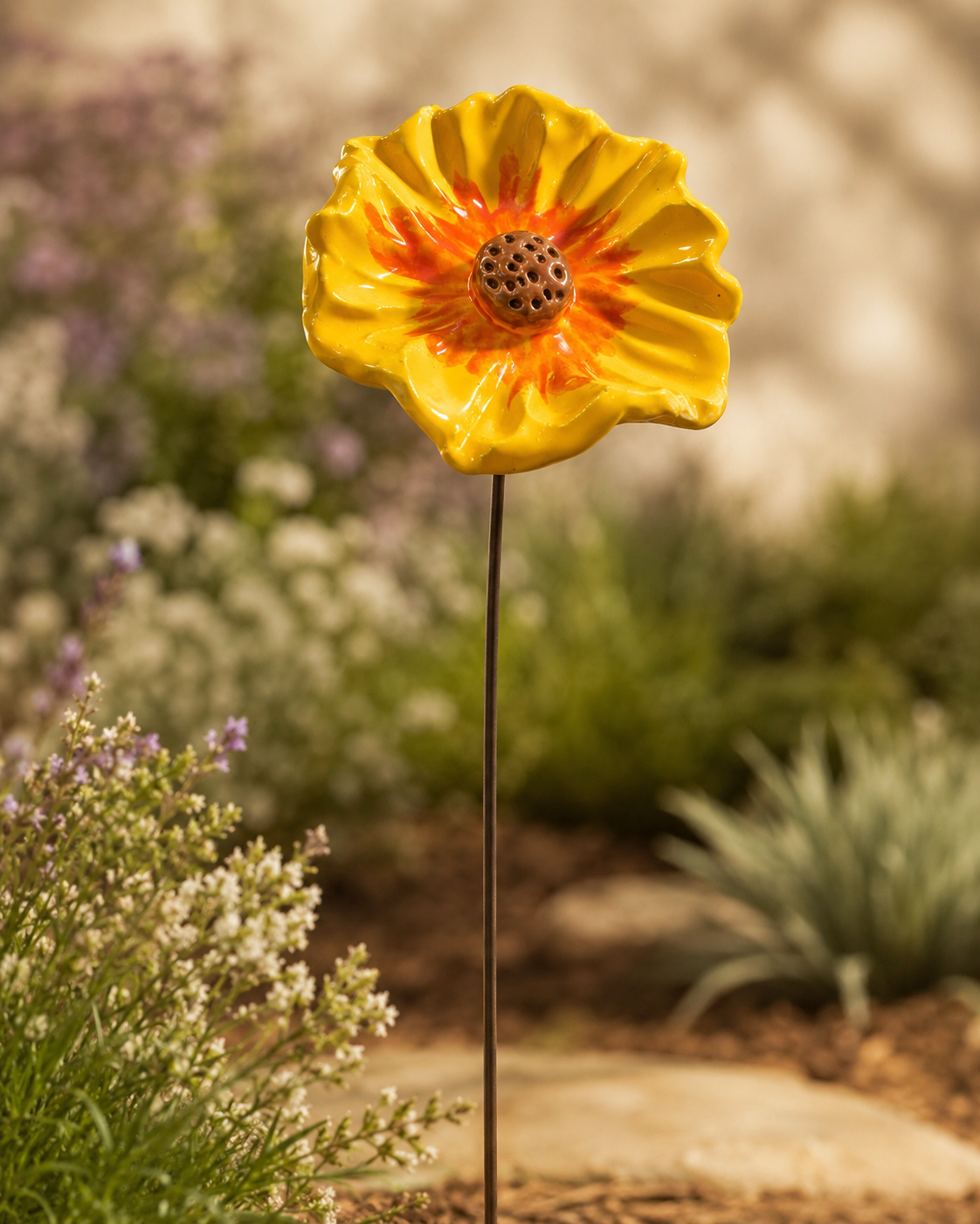 Handgefertigte gelbe Keramikblüte mit orangefarbenem Blütenzentrum auf Metallstab als dekorativer Gartenstecker für Beet, Balkon oder Pflanzkübel.