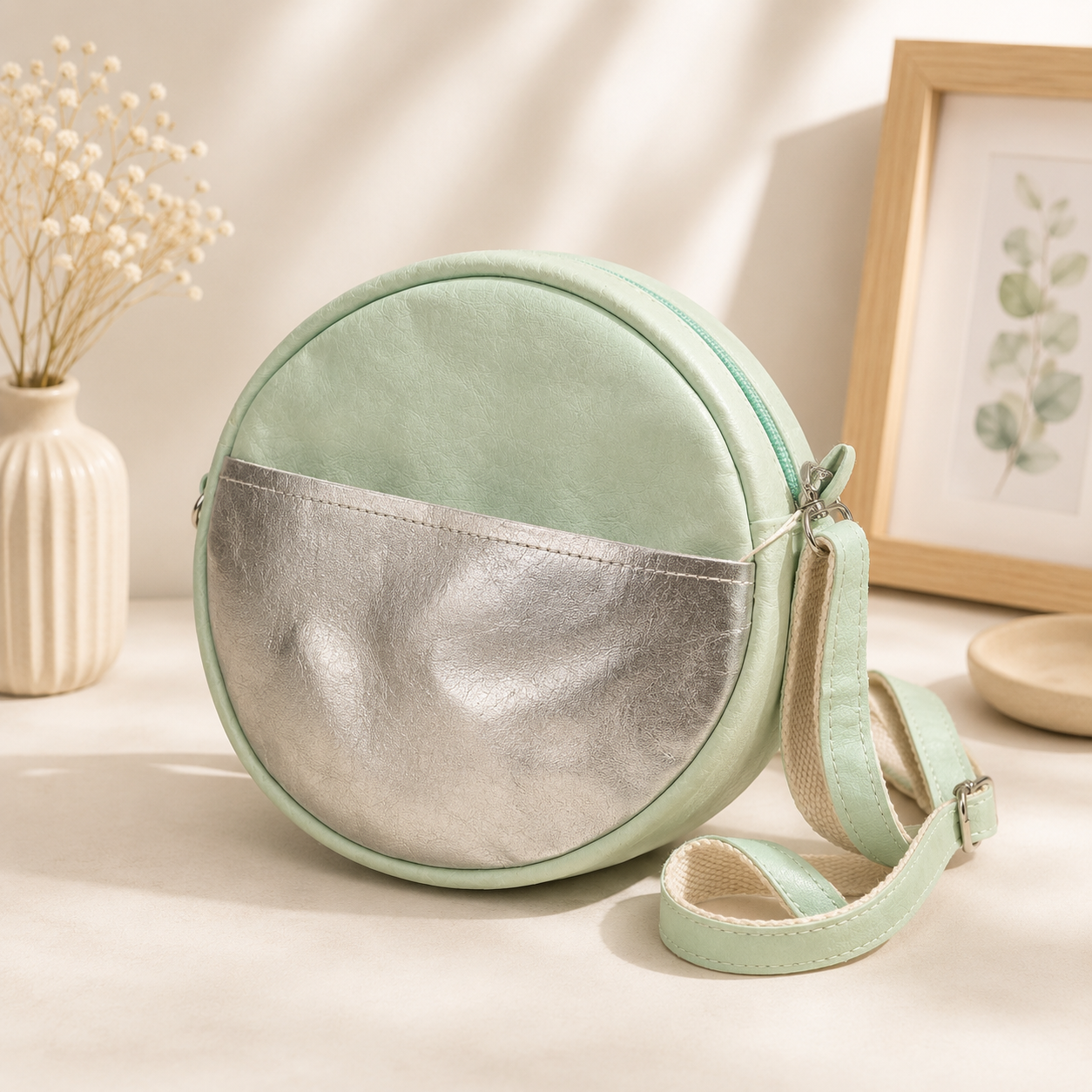 Handgefertigte runde Umhängetasche in Mint & Silber – Unikat