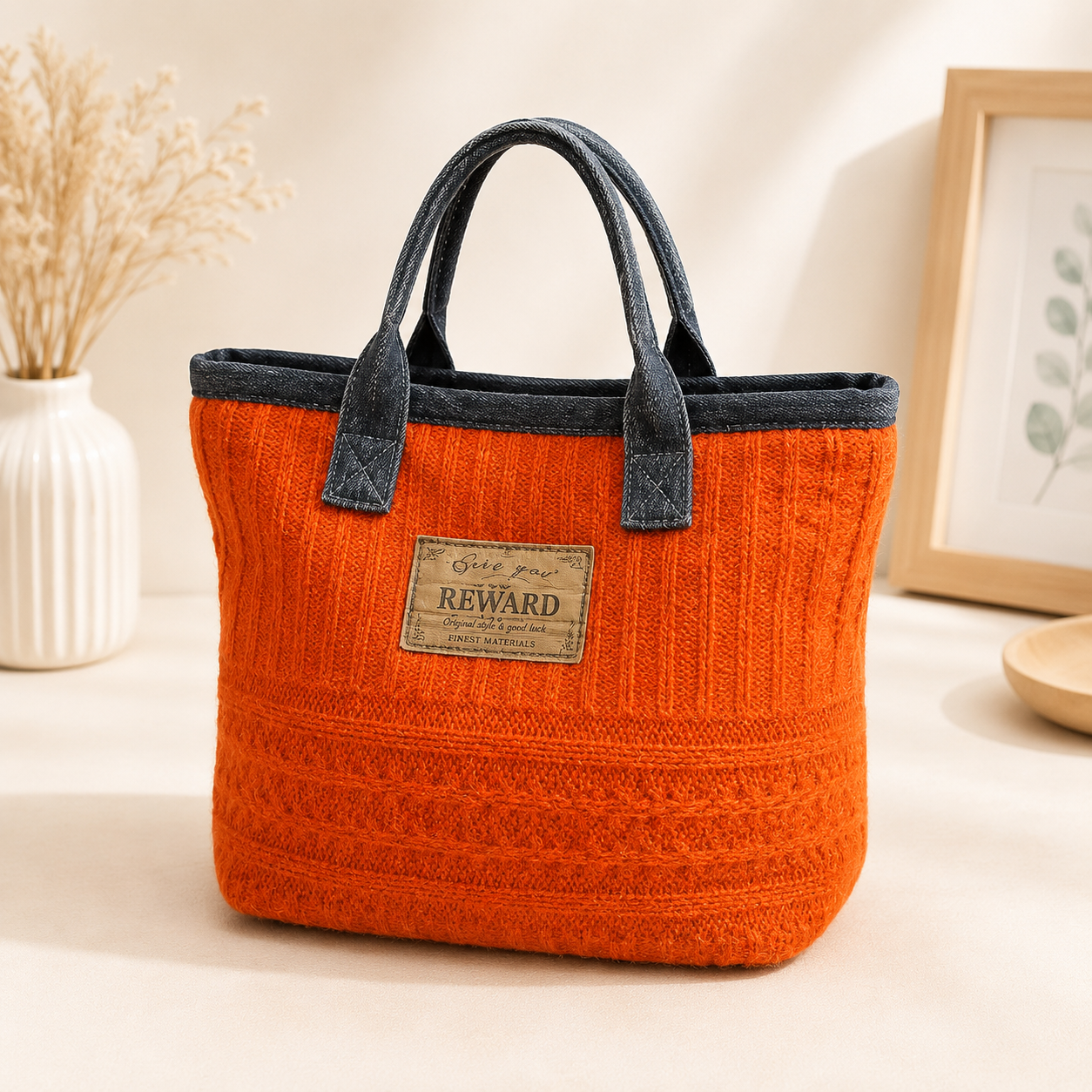 Handgefertigte Strick-Optik Tragetasche in Orange – Unikat