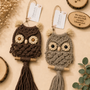 Handgefertigte Makramee-Eulen aus Baumwollgarn mit Holzperlen und langen Fransen als Schlüssel- oder Taschenanhänger in Braun und Taupe.