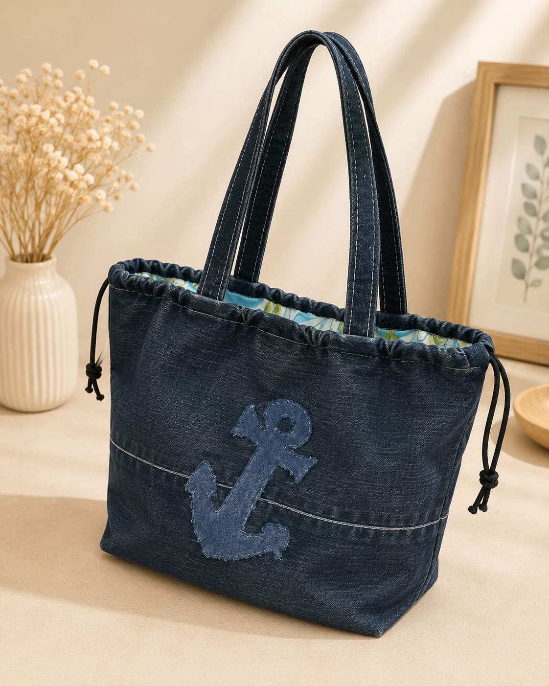 Handgefertigte Strandtasche mit Anker-Applikation – wasserabweisendes Innenfutter