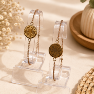 Filigranes Edelstahl-Armband mit Holz-Mandala-Anhänger – Roségold