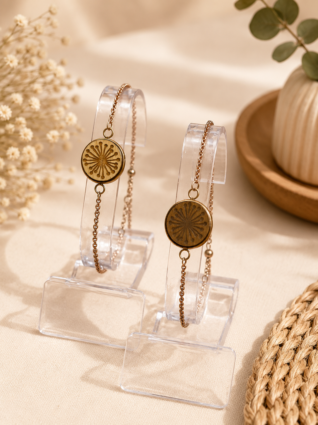 Filigranes Edelstahl-Armband mit Holz-Mandala-Anhänger – Roségold
