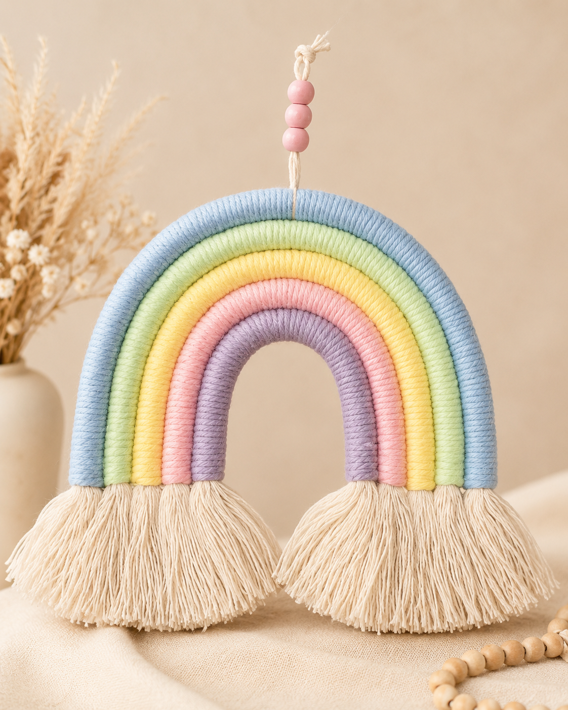Handgefertigter Makramee-Regenbogen in Pastellfarben mit Baumwollfransen und Holzperlen als Aufhängung – dekorativer Wandbehang für Baby- und Kinderzimmer.