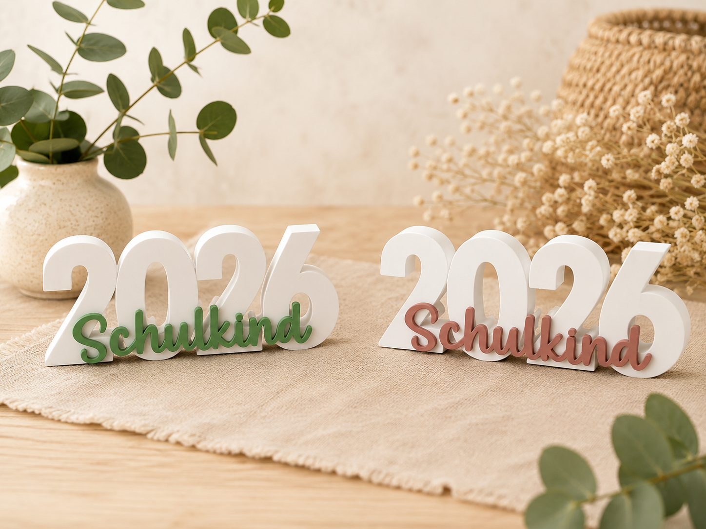 Zwei 3D-gedruckte Tischaufsteller mit der weißen Jahreszahl 2026 und dem Schriftzug Schulkind in Grün und Rosa.