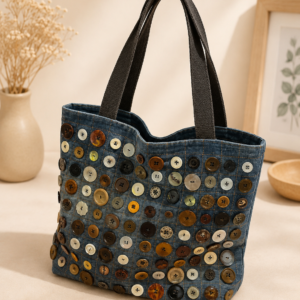 Handgefertigte Jeans-Shopper mit Knopfdesign – Upcycling-Unikat