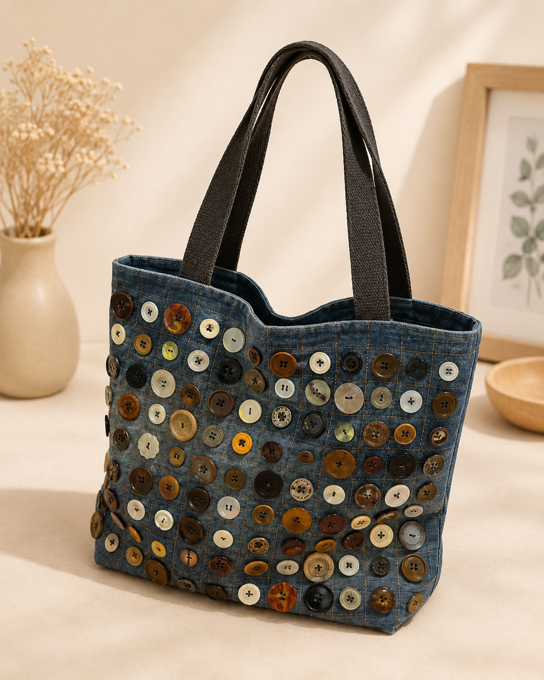 Handgefertigte Jeans-Shopper mit Knopfdesign – Upcycling-Unikat