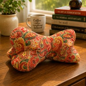 Farbenfroher Leseknochen mit Paisleymuster in Rot, Orange, Grün und Beige.