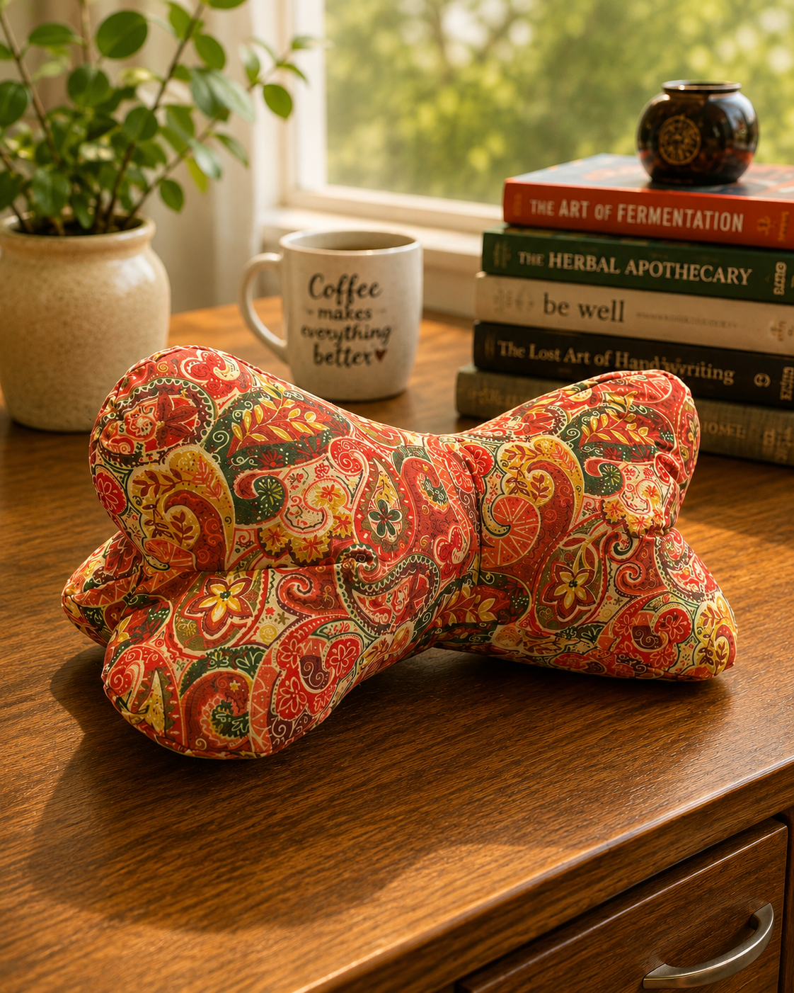 Farbenfroher Leseknochen mit Paisleymuster in Rot, Orange, Grün und Beige.