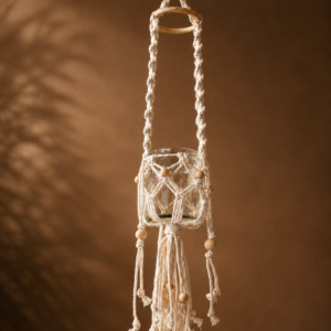 Handgeknüpftes Makramee Windlicht zum Aufhängen mit Glas und Holzperlen im natürlichen Boho-Stil.