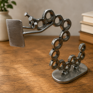 Bücherwurm Buchstütze aus Muttern, Schrauben und Metall mit geschwungener Metallfigur.