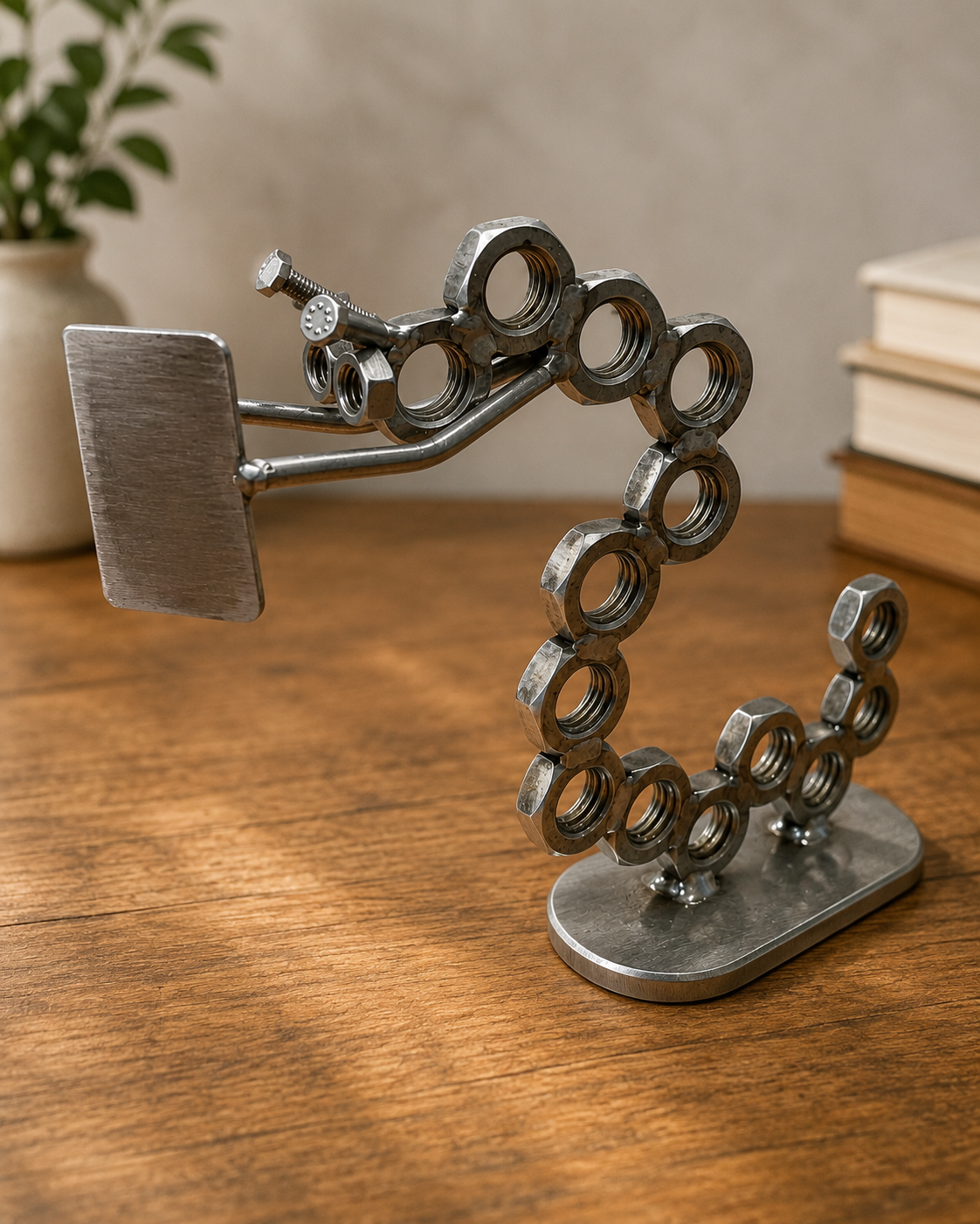 B&uuml;cherwurm Buchst&uuml;tze aus Muttern, Schrauben und Metall mit geschwungener Metallfigur.