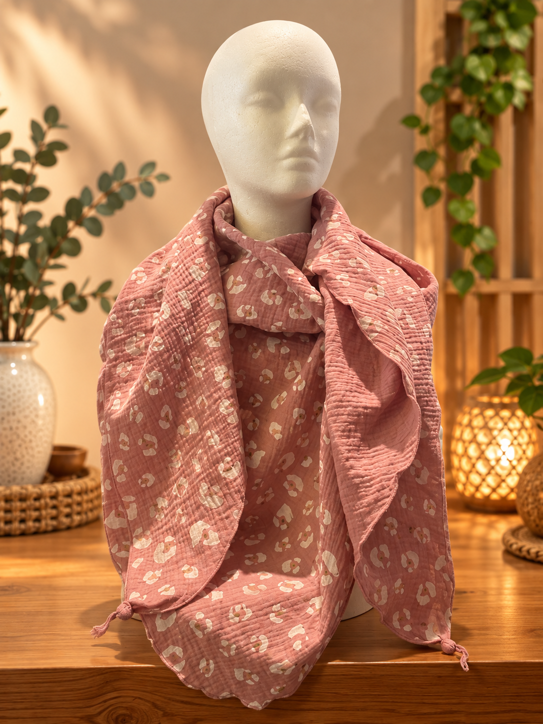Musselin-Dreieckstuch Rosa mit weißem Leoprint