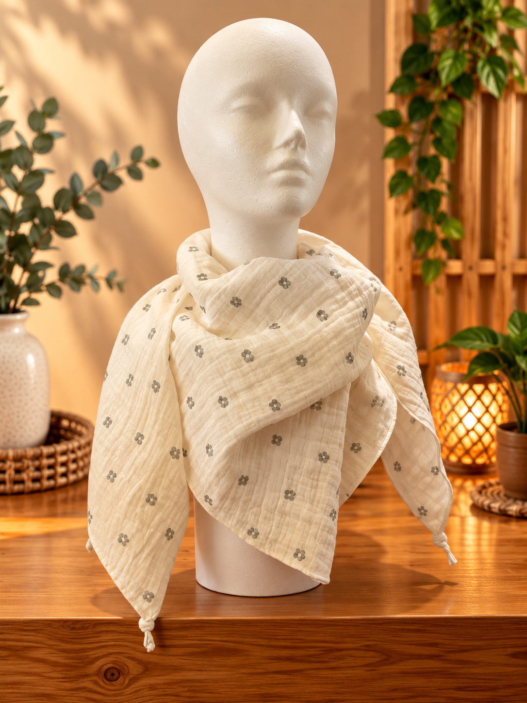 Musselin-Dreieckstuch Creme mit Ornamenten