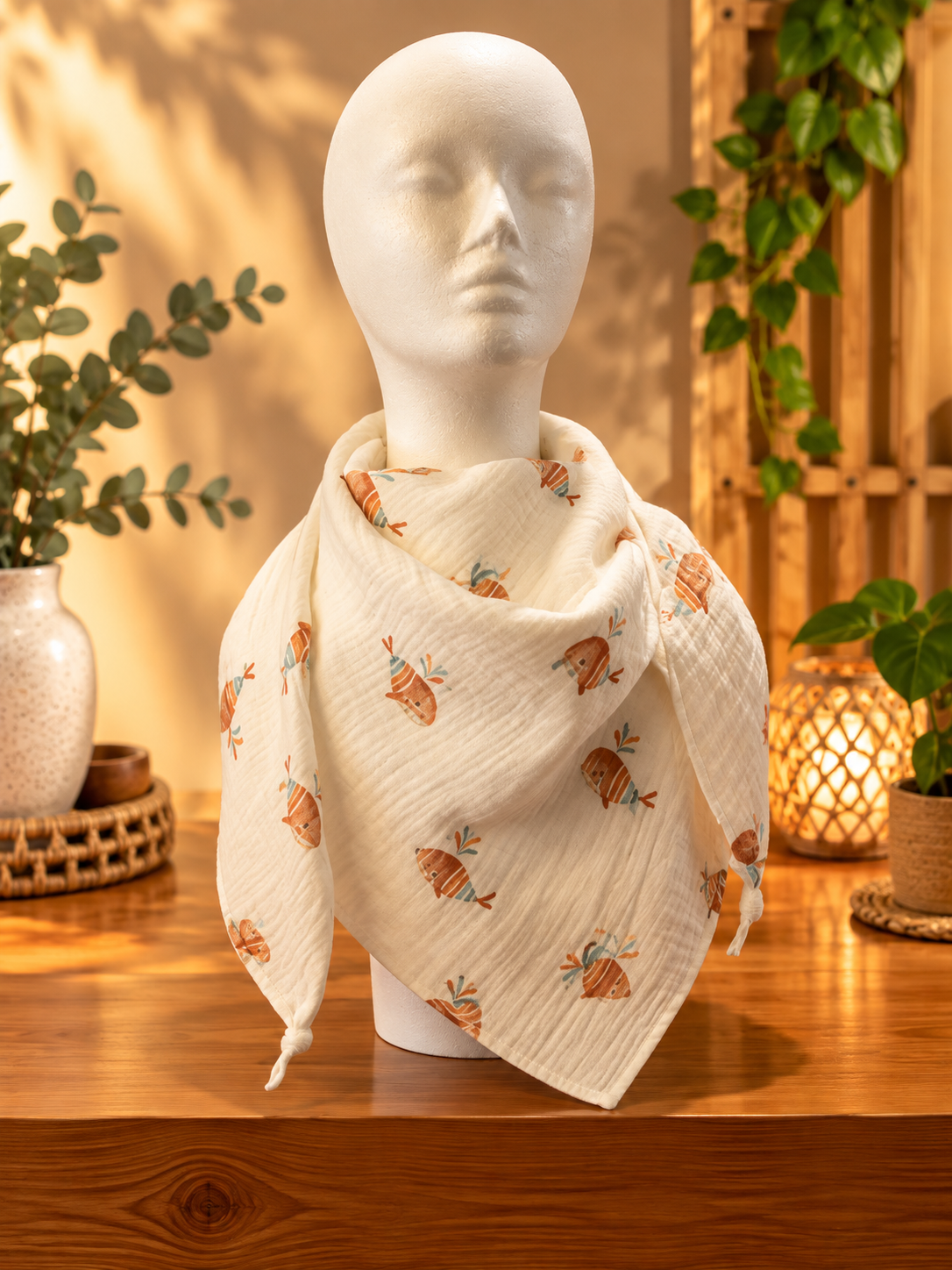 Musselin-Dreieckstuch Creme mit Walmotiv
