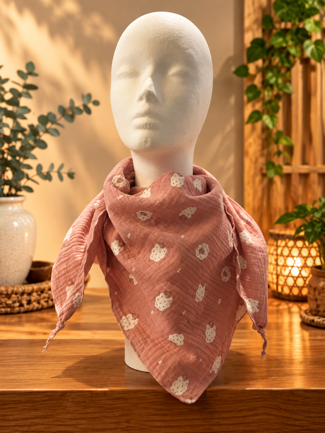 Musselin-Dreieckstuch Rosa mit Schäfchen