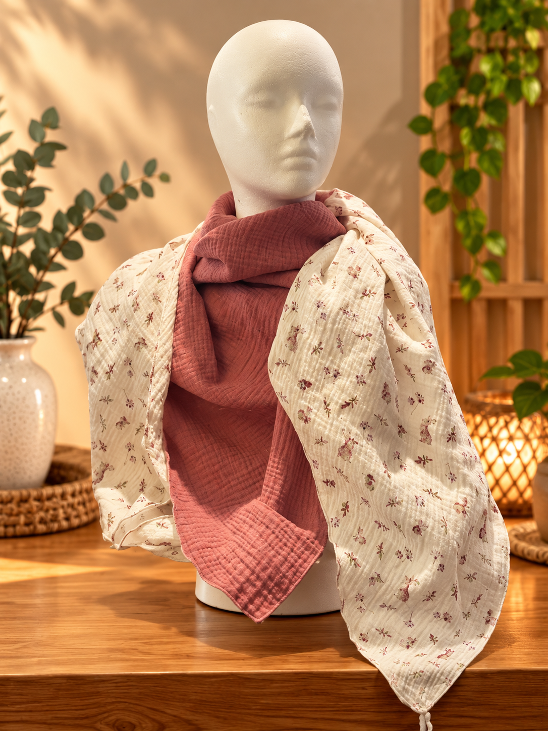 Zweifarbiges Musselin-Dreieckstuch Rosa/Weiß mit Hasen- und Mausmotiv