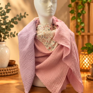 Dreifarbiges florales Musselin-Dreieckstuch Lila/Rosa/Weiß