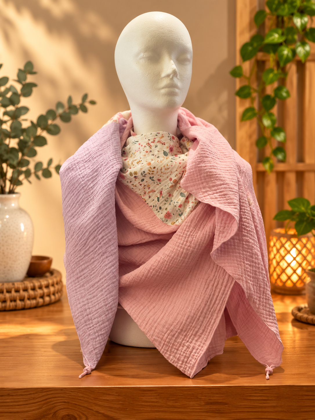 Dreifarbiges florales Musselin-Dreieckstuch Lila/Rosa/Weiß