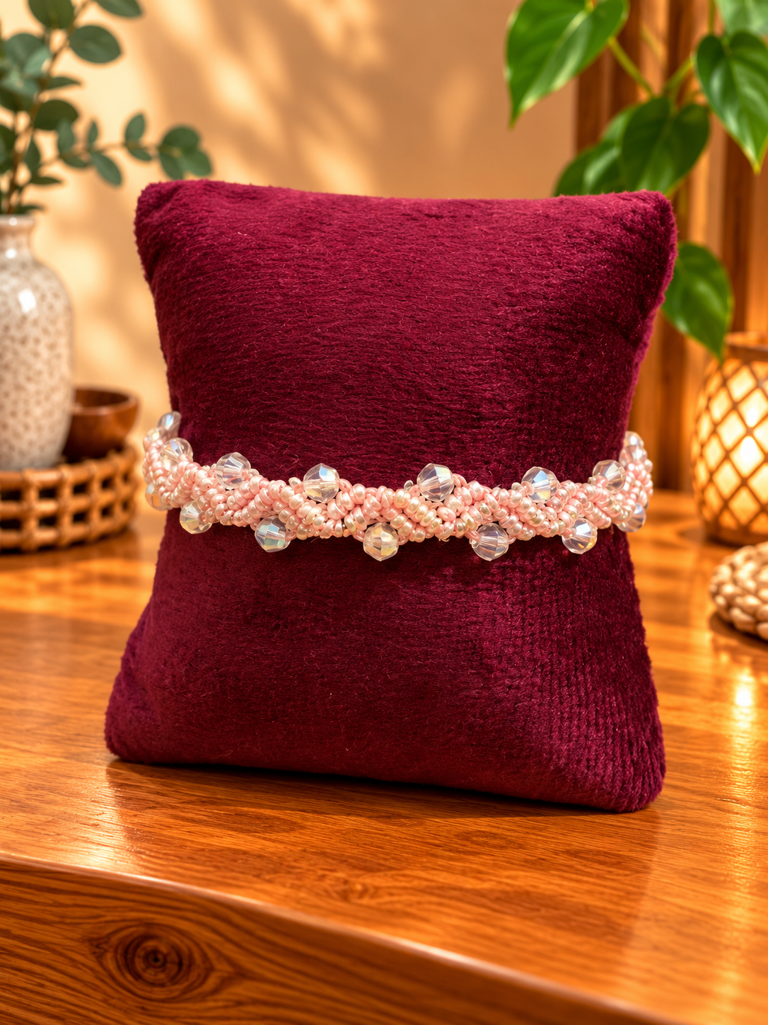 Makrameearmband mit rosa Perlen