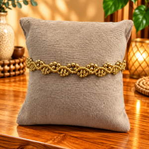 Goldenes Makrameearmband mit kleinen goldenen Perlen
