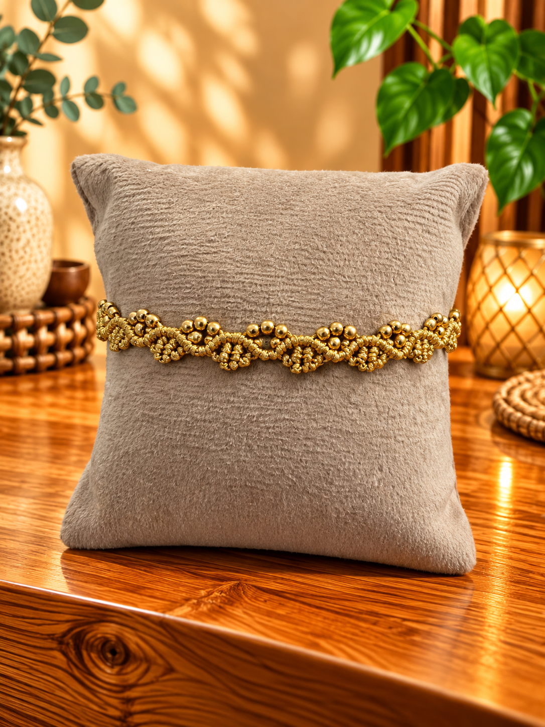 Goldenes Makrameearmband mit kleinen goldenen Perlen